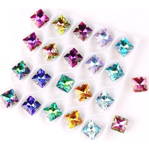 Square shape Silver metal claw 50pcs/bag 8mm rainbow & jelly AB colors glass Crystal Sew on rhinestones Crystals clothes diy