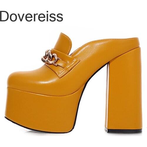 Summer Women Fashion Block Heels Clear Heels Slippers Metal Chain Yellow Slippers Classics Waterproof Sexy New Consice 35-46