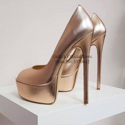 Sexy Bronze Leather High Platform Pump Peep Toe 16CM Stiletto Heels Dress Shoes Slip on Celebrating Party Dress Shoes Drop Ship
