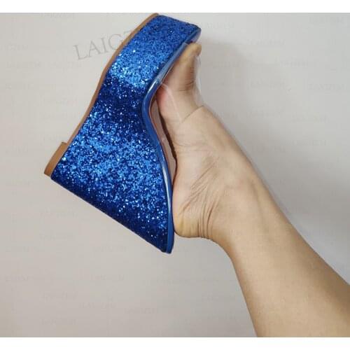 BERZIMER FASHION Women Pumps Glitter Wedges Peep Toe Patchwork Sandals Prom Wedding Female Shoes Woman Plus Size 38 40 43 48 52