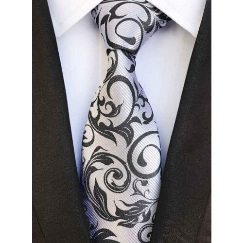 Unique Pattern 8cm Men Formal Ties Silver with Black Luxury Paisley Floral Necktie