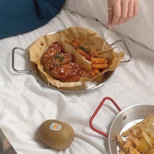 Ins Style Double Ear Stainless Steel Pan Pasta Fried Chicken Plate Baking Plate Food Storage Decorative Plate Lovely Tableware