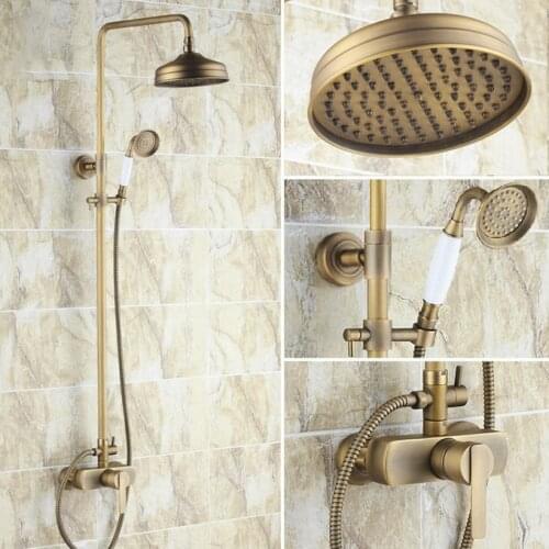 Vintage Retro Antique Brass Single Handle Lever Bathroom 8 Inch Round Rain Shower Faucet Set Mixer Tap Hand Shower mrs174