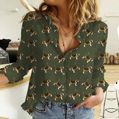 Long Sleeve Woman Slim Green A Lot of Puppy Splicing Casual Shirt