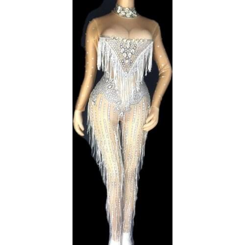 Shining Crystals Tassel Womens Jumpsuit Sexy Printed Big Stones Rompers Prom Birthday Celebrate Outfit Nightclub Show Costumes