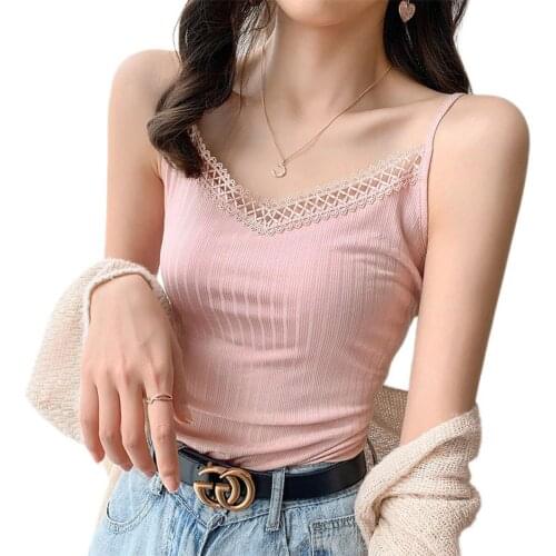 Women Sexy Hollow V-neck Cotton Thread Camisole Fashion Solid Color Loose Wild Bottoming Top