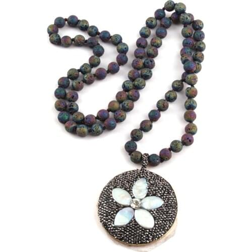 New Fashion Bohemian Jewelry Lava Stone Knotted Neck Crystal Pave Shell flower Decoration Pendant Women Necklaces Free Shipping
