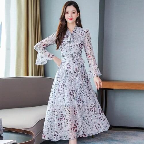 Fashion Chiffon Floral Bandage Big Swing Long Sleeve Long Party Dresses Elegant Dress Ropa Mujer Vestidos 6239