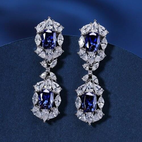 Sparkling Sapphire Bridal Dangle Earrings For Women Top Quality 100% S925 Sterling Silver High Carbon Diamond Party Jewelry