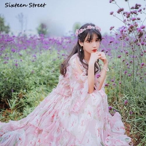 Vintage Autumn Chiffon Dress Woman V-neck High Waist Party Maxi Dresses Woman Vestido Pink Ruffles Boho Harajuku Dress Female