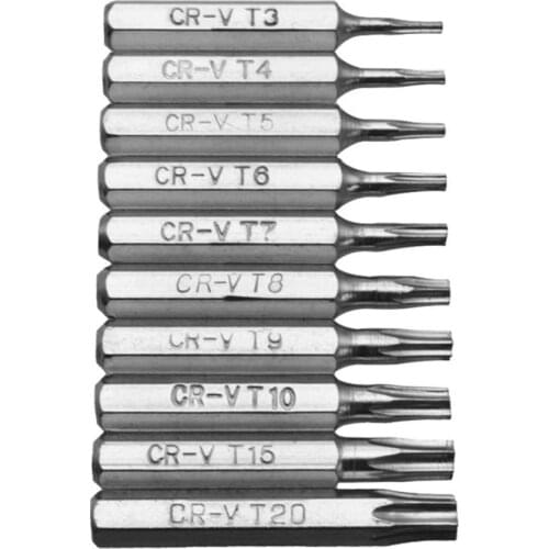 10pcs CR-V Torx Bits Set T3 T4 T5 T6 T7 T8 T9 T10 T15 T20 Mobile Repair Bit Mobile Repair Plum Blossom Repair Head Repair Tool