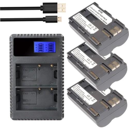 3pcs 1800mAh BP-511 BP 511 BP511 BP511A Batteries + LCD USB Dual Charger for Canon EOS 40D 300D 5D 20D 30D 50D Camera Battery
