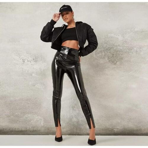 Shiny Patent Leather Pencil Pants Women Casual High Waist PVC Hem Split Leggings Autumn Vintage PU Leather Trousers New Custom