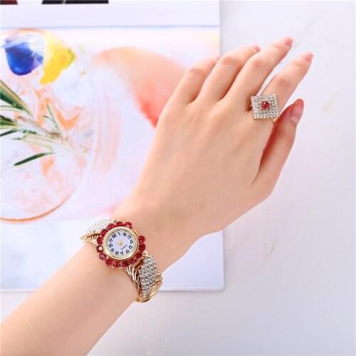 2021 Top Brand Luxury Rhinestone Watches Set Bracelet with Ring For Women 2 Set Ladies Relogio Feminino Reloj Mujer Montre Femme