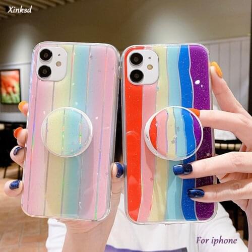 Gradient Glitter Rainbow Phone Case With Holder For iPhone 12 Mini 11 Pro Max XR XS Max 7 8 6Plus Glitter Bling Laser Back Cover