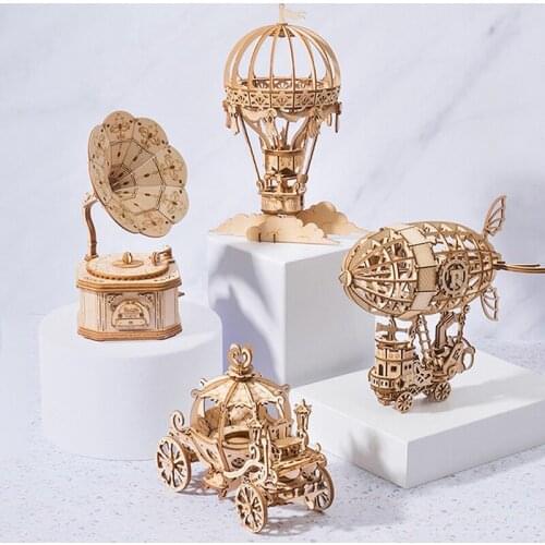 3D Wooden Puzzle Games Assembly Model Kits Toys Hot Air Balloon ＆ Airship ＆Unique Perpetual Calendar For Children New