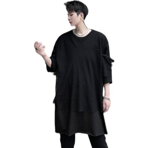 Summer Extra long tshirt Black color Loose Sexy men mesh t shirt gay Short sleeve Punk rock style