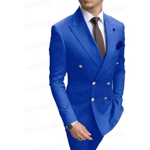 Classic Royal Blue Wedding Suits for Men Double Breasted Golden Buttons Mens Business Suit Slim Fit Blazer Pants 2 Pieces Set