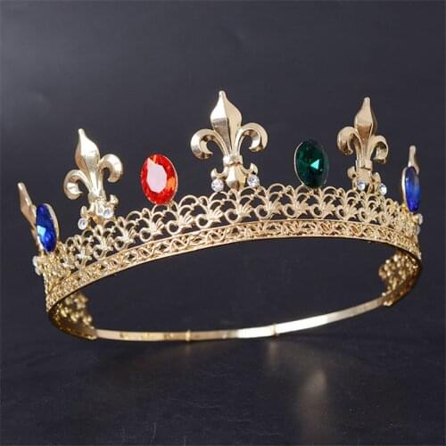Round Big Blue Gold Color King Crown Tiara Party Hair Ornaments Rhinestone Head Wedding Jewelry Accessories Headpiece For Men
