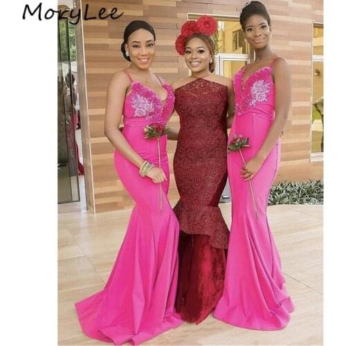 Lace Bridesmaid Dresses Spaghetti Straps Floor Length Sweep Train Zipper Silk Satin Pleated Bow Wedding Party Bridemaid Dresses