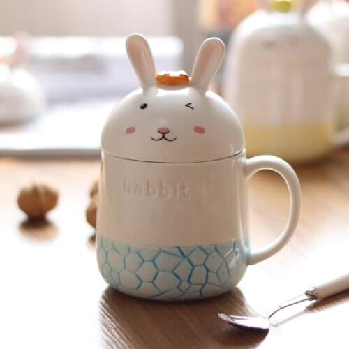Lovely Creative Three-dimensional Rabbit Ceramic Mugs with Lid Personality Mug Couples Coffee Cup Milk Breakfast Cup Funny Gift