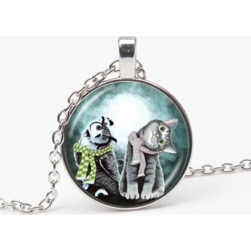 Fashion Cute Cartoon Owl Gray Kitten Pattern Charm Glass Pendant Necklace Long Chain Pendant Men and Women Souvenir Holiday Gift