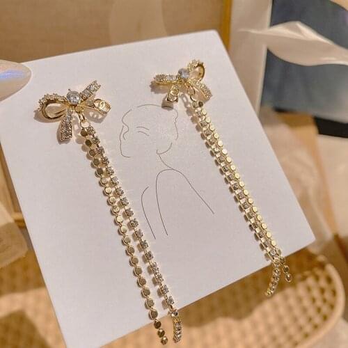 Fashion Simple Bow Earrings Vintage Gold Bar Long Thread Tassel Drop Earrings For Women Shiny Zircon Female Earrings 2021 Trend