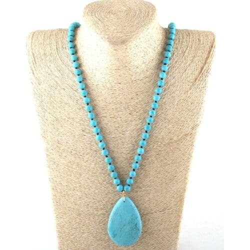 MOODPC Fashion Bohemian Tribal Jewelry Turq Stone Long Knotted Stone Drop Pendant Necklaces