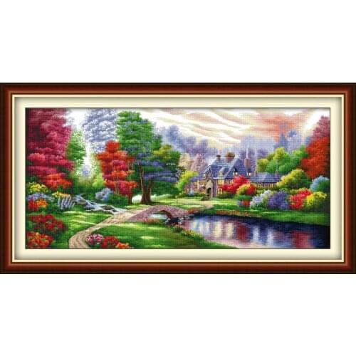 JoySunday Precise Printing Ambilight Cross Stitch Kit, Dream Home Landscape Counting Cross Stitch DIY Set Chinese Embroidery Kit