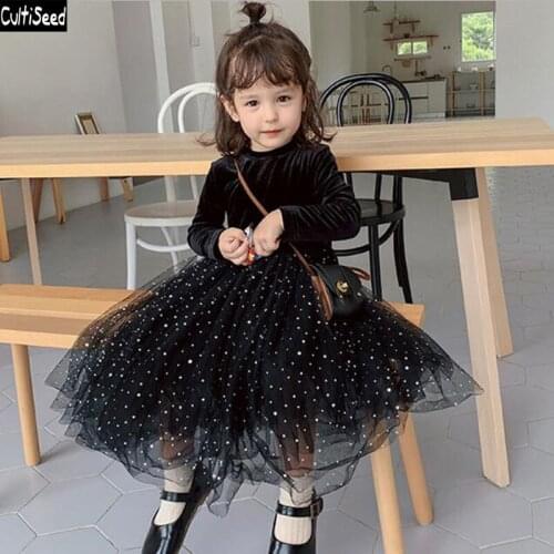 Cultiseed Girl Autumn Winter Dress Big Children Girls Thicken Warm Velvet Patchwork Star Mesh Gauze Dress Kids Cute Casual Dress