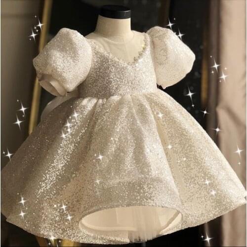 Sequined Baby Girls fashion ball gown dress Party Princess lantern sleeve Birthday White Bow Dress