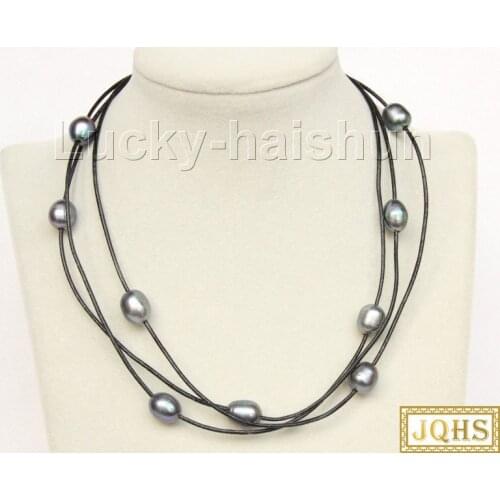 Adjustable 3row black freshwater pearls black leather necklace 18KGP clasp j9930