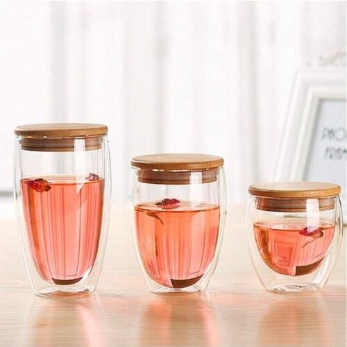 Special Double-layer Glass Coffee Cup with Bamboo and Wooden Lid, Simple Glass Double-layer Insulated Cup, Egg-shaped Milk Cup