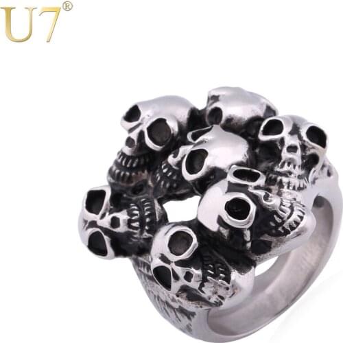 U7 Vintage Skeleton Ring 316L Stainless Steel Fashion Party Jewelry Wholesale Pirate Skulls Punk Band Ring For Men R346