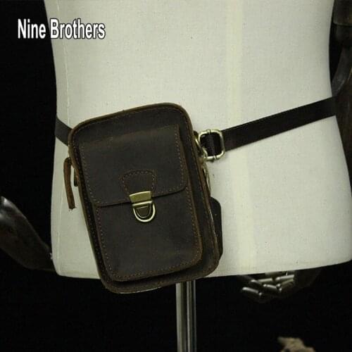 Vintage Mens Leather Belt Bags Brand Designer Cowhide Boys Cell Phone Fanny Bags 100% Cowhide Male Waist Pack Cigarette Purse