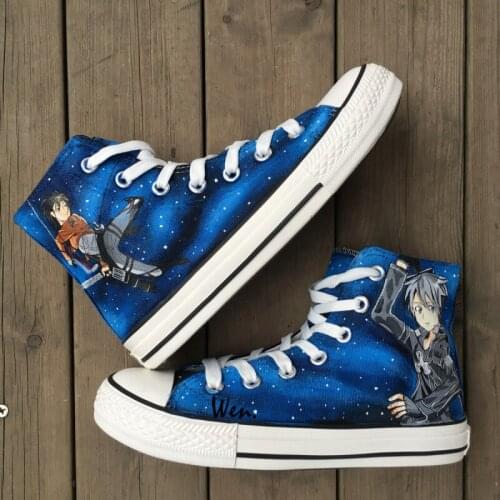 Wen Hand Painted Shoes Design Custom Attack on Titan Sword Art Online Men Womens High Top Canvas Sneakers for Gifts