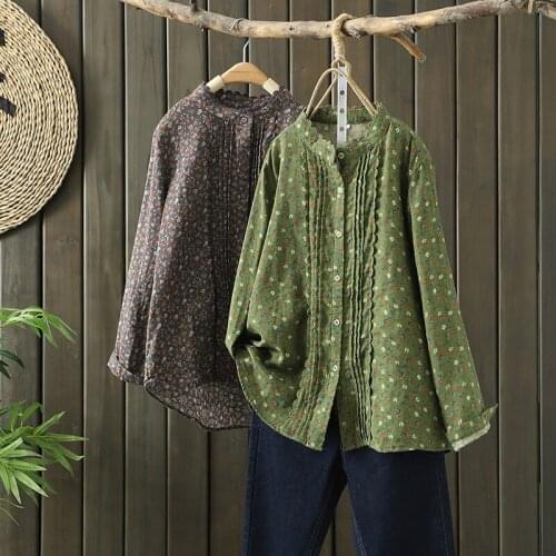 New Spring Green Little Flower Printed Ladies Shirt Patchwork Stand Collar Lace Tops Cotton Pleated Blouses 2021 Comfort Blusas