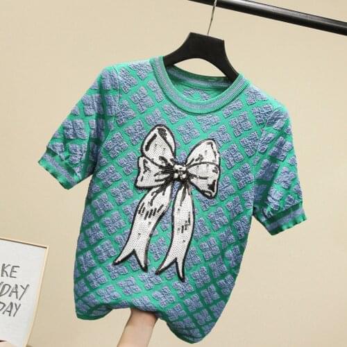 Summer Runway 2021 Retro Knitted T-Shirt Women Green/Pink Thin Sequins Beading Bow Sweaters Femme Casual Short Sleeve Top Tees