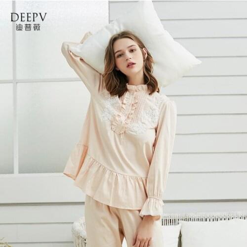 Two pieces 100% cotton Sleep suits female autumn palace princess embroidery nightdress cotton home sets F1868 dropshiping