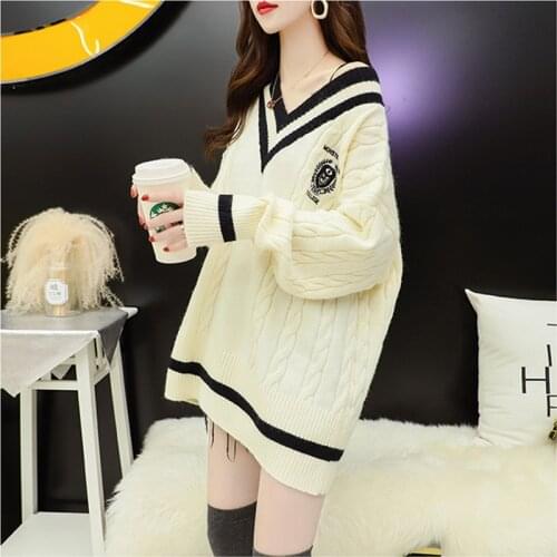 #6382 Beige Blue Women Sweaters And Pullovers Harajuku Loose Streetwear Knitted Sweater V Neck Long Pulover Sweaters Ladies Tide