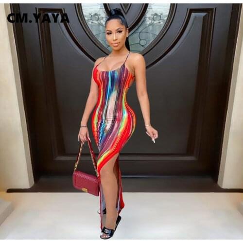 CM.YAYA Women Long Dress Tie Dye Sleeveless Strap Backless Stretchy Bodycon Split Maxi Dresses Sexy Party Vestidos Summer Outfit