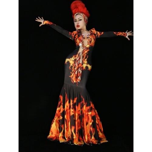 Women Orange Black 3D Flame Pattern Shiny Rhinestones Long Dress Female Singer Concert Stage Wear Evening Party Crystals Dress