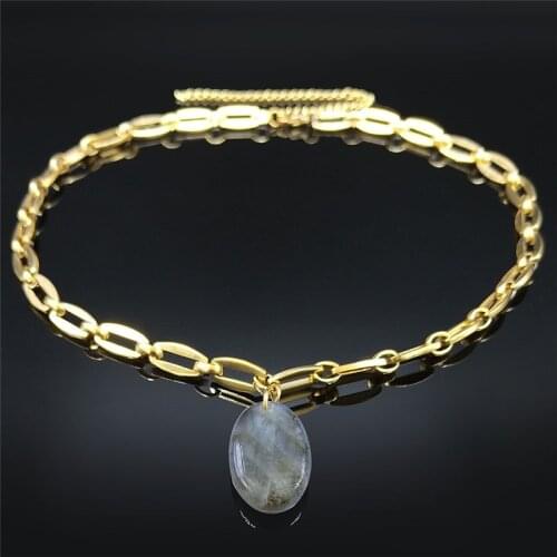 Flash Stone Stainless Steel Choker Necklace for Women Oval Choker Chain Necklaces Jewelry collier pierre naturelle N241S04