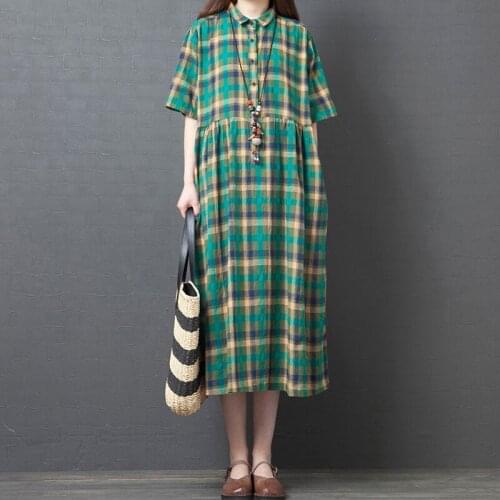 100% Cotton Women Summer Casual Dress New Arrival 2021 Simple Style Vintage Plaid Loose Cimfortable Female Long Dresses S3877