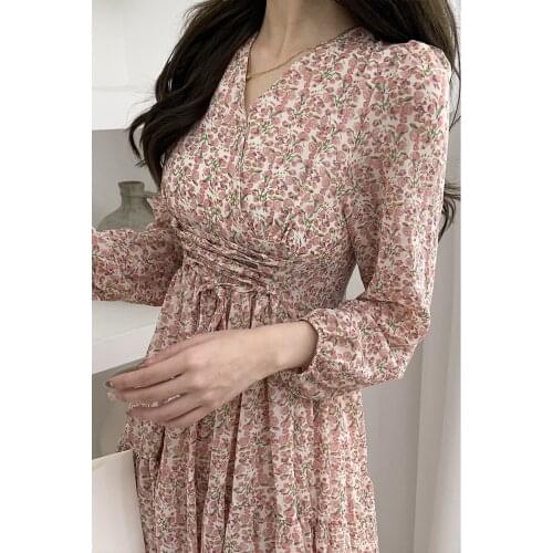 JESSIC French Floral Dress Female 2021 Spring And Summer New Temperament Waist Slimming V-neck Long Skirt Women