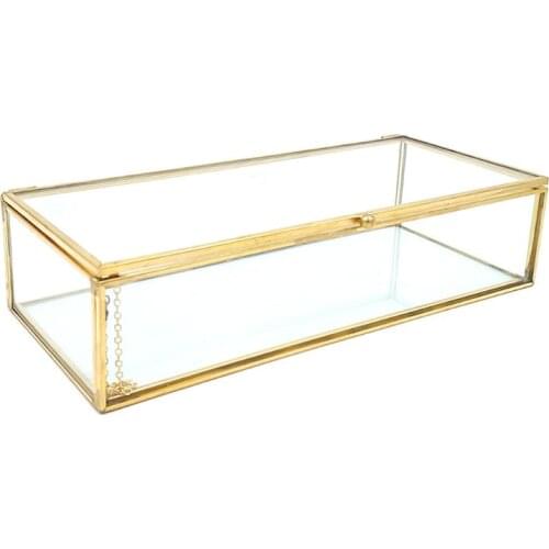 Golden Golden Vintage Glass Lidded Box Edge Bracelet Keepsake Decorative Jewelry Display Personalized Large Clear Rectangle Box
