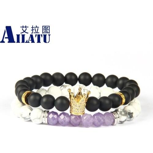 Ailatu Fashion Jewelry Natural Stone Micro Pave Cz Crown Couple Bracelet Treasure Gift