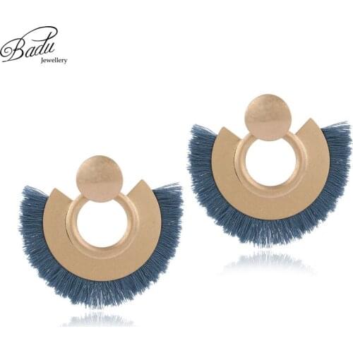 Badu Big Gold Earring Cotton Tassel Women Navy Blue Drop Dangle Earrings Vintage Fashion Jewelry Heavy Metal