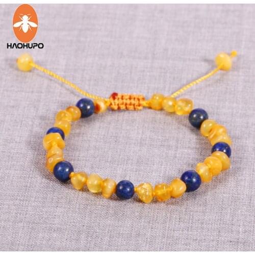HAOHUPO Natural Honey Amber Bracelets for Women Lapis Lazuli Stone Strand Baltic Amber Beads Bracelet Adjustable Baby Jewelry