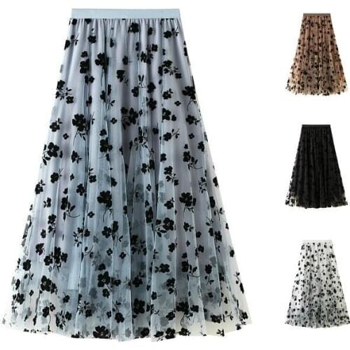 Women Tutu Tulle Skirt Elastic High Waist Layered Skirt Floral Print Mesh A-Line Midi Skirt